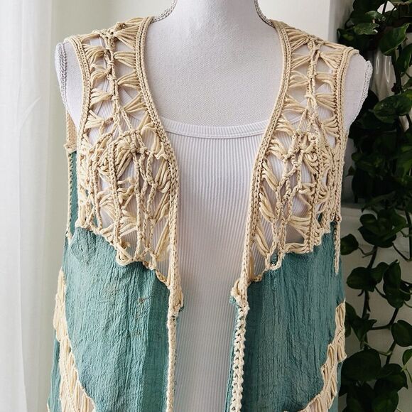Papaya Blue & Cream Lacy Fringe Boho Hippie Gypsy Cardigan Festival Concert Med - Picture 4 of 11